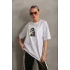 Luz&Pos Unisex Baskılı Oversize T-shirt - Beyaz