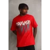 Unisex Baskılı Oversize T-Shirt - Kırmızı