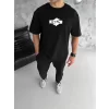 Unisex Bisiklet Yaka Baskılı Double Oversize T-Shirt - Siyah