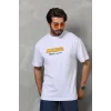 Unisex Bisiklet Yaka Baskılı Oversize T-Shirt - Beyaz