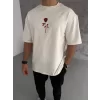 Unisex Bisiklet Yaka Baskılı Oversize T-Shirt - Beyaz