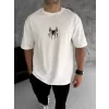 Unisex Bisiklet Yaka Baskılı Oversize T-Shirt - Beyaz