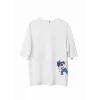 Unisex Bisiklet Yaka Baskılı Oversize T-Shirt - Beyaz