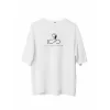 Unisex Bisiklet Yaka Baskılı Oversize T-Shirt - Beyaz
