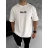 Unisex Bisiklet Yaka Baskılı Oversize T-Shirt - Beyaz