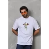Unisex Bisiklet Yaka Baskılı Oversize T-Shirt - Beyaz
