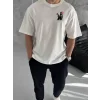 Unisex Bisiklet Yaka Baskılı Oversize T-Shirt - Beyaz