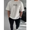 Unisex Bisiklet Yaka Baskılı Oversize T-Shirt - Beyaz