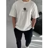 Unisex Bisiklet Yaka Baskılı Oversize T-Shirt - Beyaz