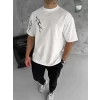 Unisex Bisiklet Yaka Baskılı Oversize T-Shirt - Beyaz