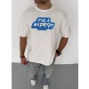 Unisex Bisiklet Yaka Baskılı Oversize T-Shirt - Beyaz
