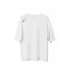 Unisex Bisiklet Yaka Baskılı Oversize T-Shirt - Beyaz