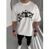Unisex Bisiklet Yaka Baskılı Oversize T-Shirt - Beyaz