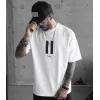 Unisex Bisiklet Yaka Baskılı Oversize T-Shirt - Beyaz