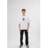 Unisex Bisiklet Yaka Baskılı Oversize T-Shirt - Beyaz