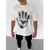 Unisex Bisiklet Yaka Baskılı Oversize T-Shirt - Beyaz