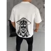 Unisex Bisiklet Yaka Baskılı Oversize T-Shirt - Beyaz