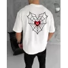 Unisex Bisiklet Yaka Baskılı Oversize T-Shirt - Beyaz