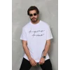 Unisex Bisiklet Yaka Baskılı Oversize T-Shirt - Beyaz