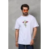 Unisex Bisiklet Yaka Baskılı Oversize T-Shirt - Beyaz