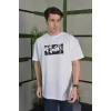 Unisex Bisiklet Yaka Baskılı Oversize T-Shirt - Beyaz
