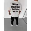 Unisex Bisiklet Yaka Baskılı Oversize T-Shirt - Beyaz