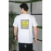 Unisex Bisiklet Yaka Baskılı Oversize T-Shirt - Beyaz