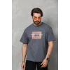 Unisex Bisiklet Yaka Baskılı Oversize T-Shirt - Füme