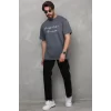 Unisex Bisiklet Yaka Baskılı Oversize T-Shirt - Füme