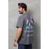 Unisex Bisiklet Yaka Baskılı Oversize T-Shirt - Füme