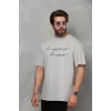 Unisex Bisiklet Yaka Baskılı Oversize T-Shirt - Gri