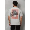 Unisex Bisiklet Yaka Baskılı Oversize T-Shirt - Gri