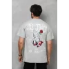 Unisex Bisiklet Yaka Baskılı Oversize T-Shirt - Gri