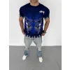 Unisex Bisiklet Yaka Baskılı Oversize T-Shirt - Lacivert