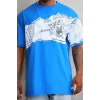Unisex Bisiklet Yaka Baskılı Oversize T-Shirt - Mavi