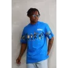 Unisex Bisiklet Yaka Baskılı Oversize T-Shirt - Mavi