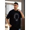 Unisex Bisiklet Yaka Baskılı Oversize T-Shirt - Siyah