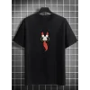 Unisex Bisiklet Yaka Baskılı Oversize T-Shirt - Siyah