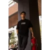 Unisex Bisiklet Yaka Baskılı Oversize T-Shirt - Siyah