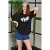 Luz&Pos Unisex Bisiklet Yaka Baskılı Oversize T-shirt - Siyah