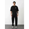 Unisex Bisiklet Yaka Baskılı Oversize T-Shirt - Siyah