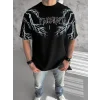 Unisex Bisiklet Yaka Baskılı Oversize T-Shirt - Siyah