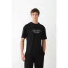 Unisex Bisiklet Yaka Baskılı Oversize T-Shirt - Siyah