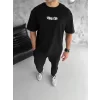 Unisex Bisiklet Yaka Baskılı Oversize T-Shirt - Siyah