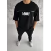 Unisex Bisiklet Yaka Baskılı Oversize T-Shirt - Siyah