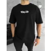 Unisex Bisiklet Yaka Baskılı Oversize T-Shirt - Siyah
