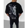 Unisex Bisiklet Yaka Baskılı Oversize T-Shirt - Siyah