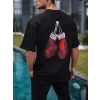 Unisex Bisiklet Yaka Baskılı Oversize T-Shirt - Siyah