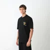 Unisex Bisiklet Yaka Baskılı Oversize T-Shirt - Siyah