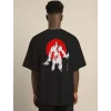 Unisex Bisiklet Yaka Baskılı Oversize T-Shirt - Siyah